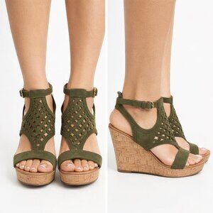 Franco Sarto Womens 7.5 Green Suede Platform Wedge Cut Out Sandals Ankle Strap